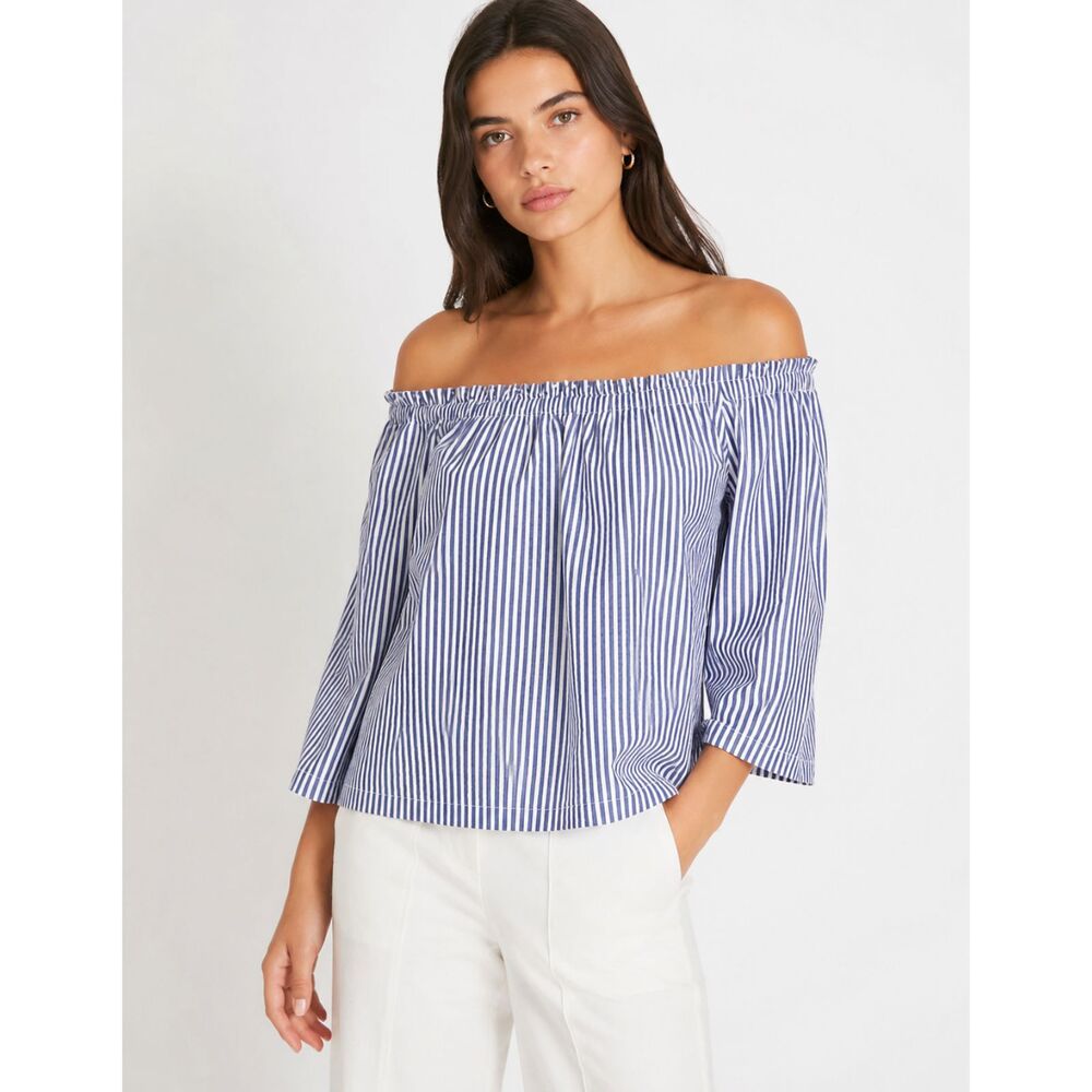 Club Monaco Women M Blue White Off Shoulder Tassel Crop Top Cotton Speckled N3
